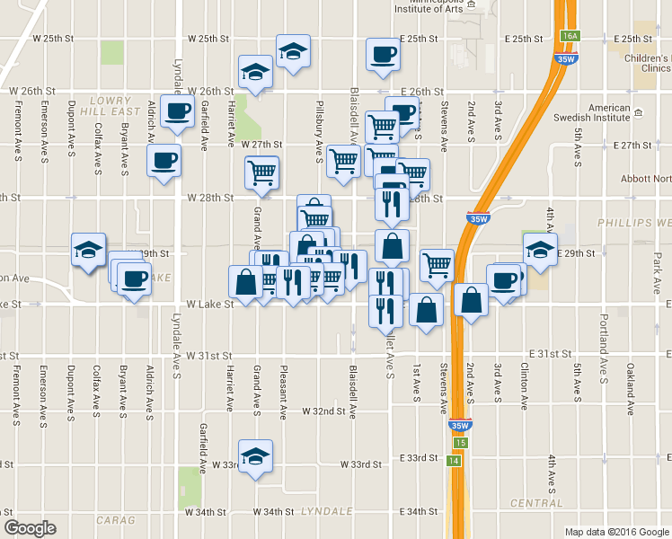 map of restaurants, bars, coffee shops, grocery stores, and more near 124 West Lake Street in Minneapolis