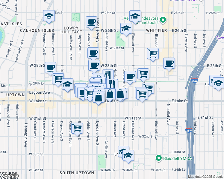 map of restaurants, bars, coffee shops, grocery stores, and more near 2945 Garfield Avenue in Minneapolis