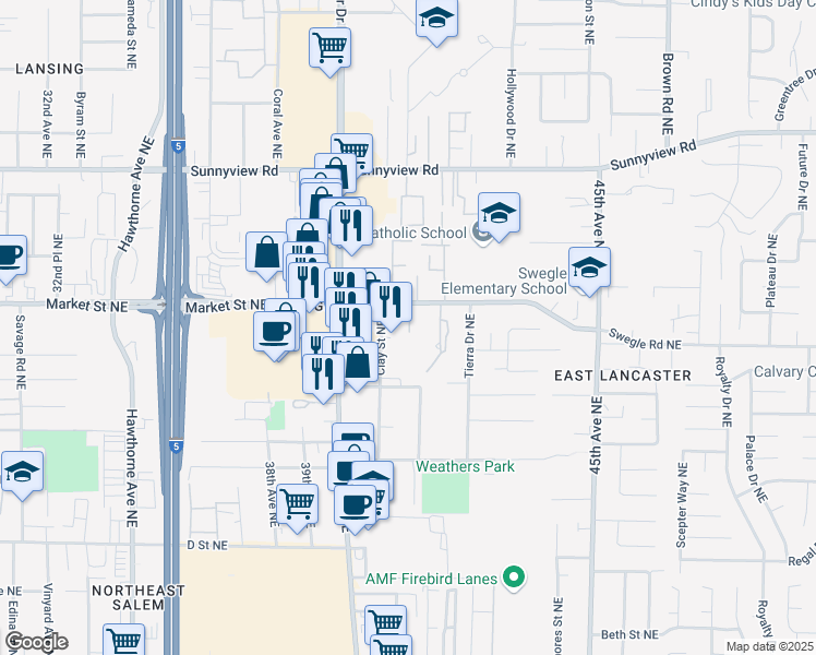 map of restaurants, bars, coffee shops, grocery stores, and more near 4074 Market Street Northeast in Salem