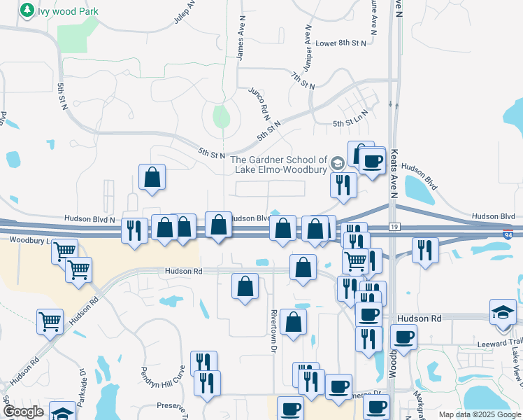 map of restaurants, bars, coffee shops, grocery stores, and more near 9600 Hudson Boulevard North in Lake Elmo