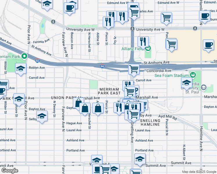 map of restaurants, bars, coffee shops, grocery stores, and more near 1650 Iglehart Avenue in Saint Paul