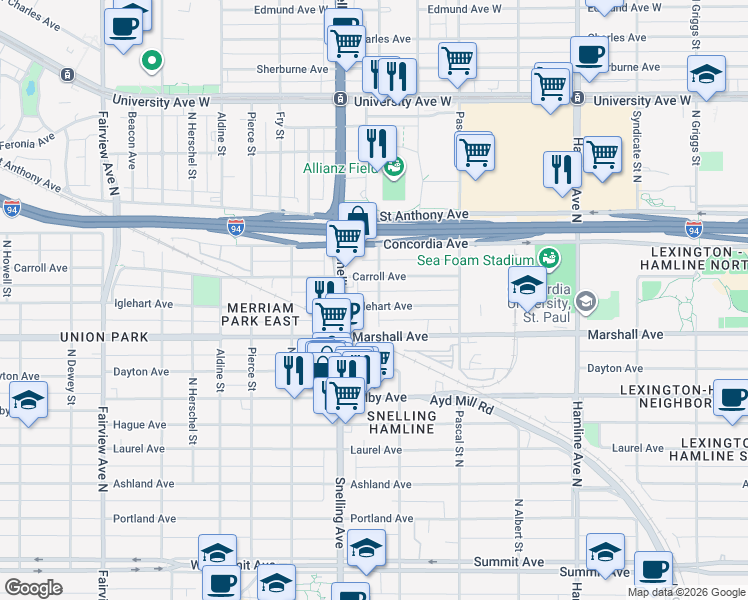 map of restaurants, bars, coffee shops, grocery stores, and more near 1536 Iglehart Avenue in Saint Paul