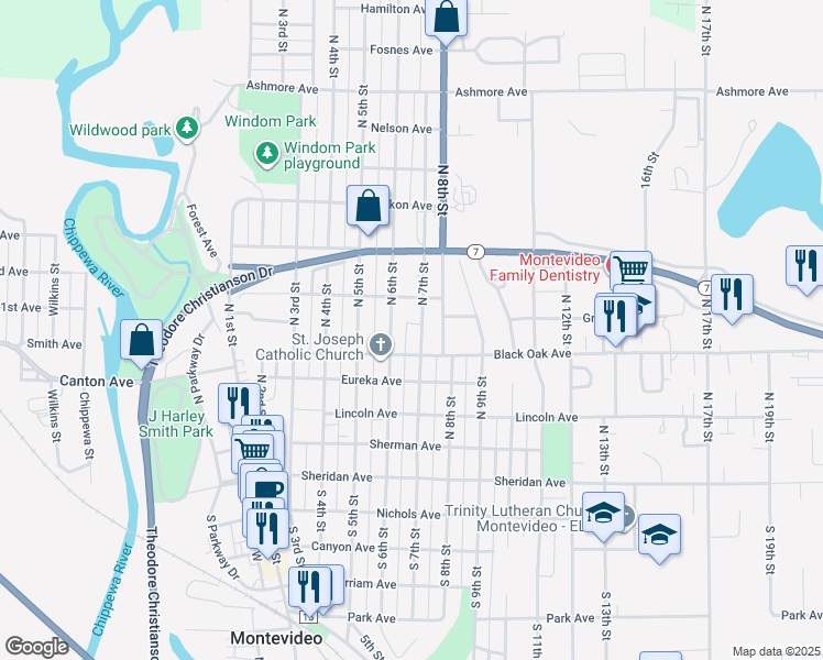 map of restaurants, bars, coffee shops, grocery stores, and more near 709 Black Oak Avenue in Montevideo