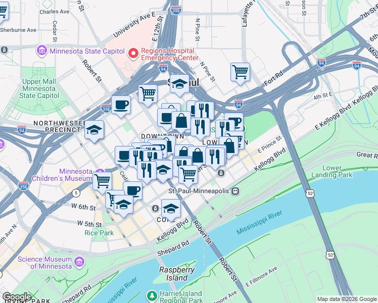 map of restaurants, bars, coffee shops, grocery stores, and more near 401 Sibley St in St Paul