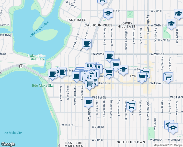map of restaurants, bars, coffee shops, grocery stores, and more near 2911 Hennepin Avenue in Minneapolis