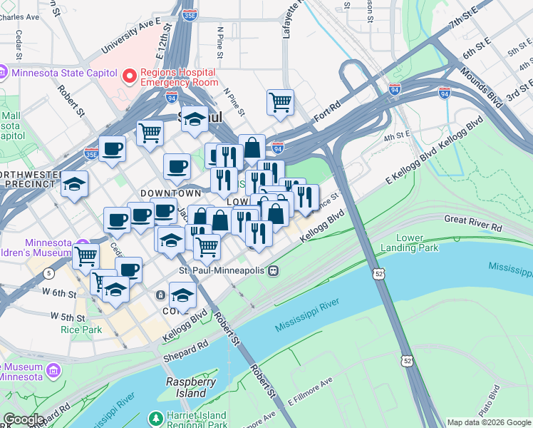 map of restaurants, bars, coffee shops, grocery stores, and more near 260 5th Street East in Saint Paul