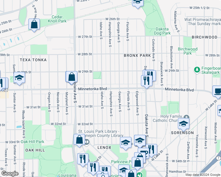 map of restaurants, bars, coffee shops, grocery stores, and more near 2998 Hampshire Avenue South in Saint Louis Park