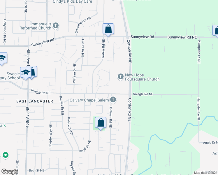 map of restaurants, bars, coffee shops, grocery stores, and more near 4962 Swegle Road Northeast in Salem