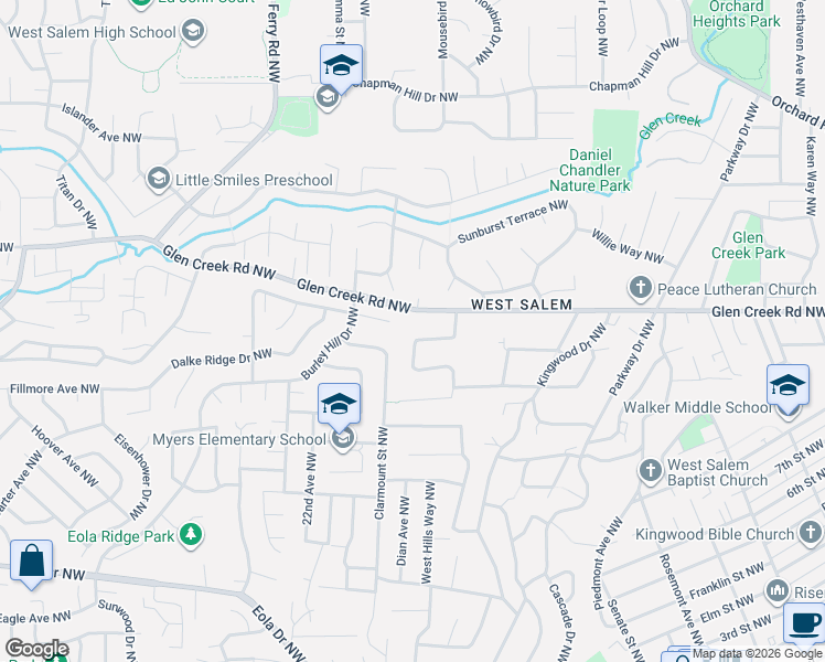 map of restaurants, bars, coffee shops, grocery stores, and more near 986 Clarmount Street Northwest in Salem