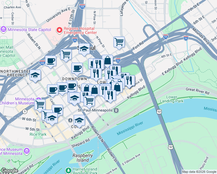 map of restaurants, bars, coffee shops, grocery stores, and more near 240 5th Street East in Saint Paul
