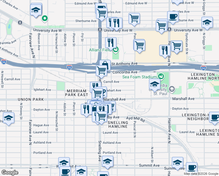 map of restaurants, bars, coffee shops, grocery stores, and more near 1536 Iglehart Avenue in Saint Paul