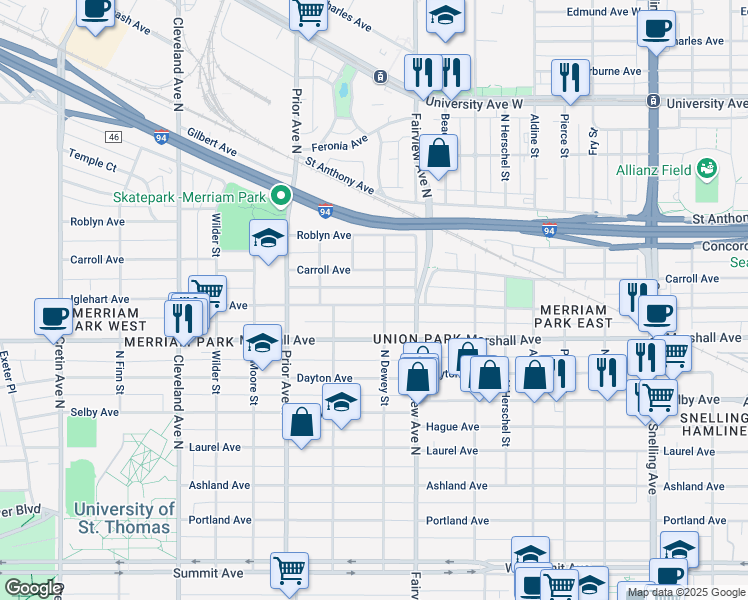 map of restaurants, bars, coffee shops, grocery stores, and more near 1844 Iglehart Avenue in Saint Paul