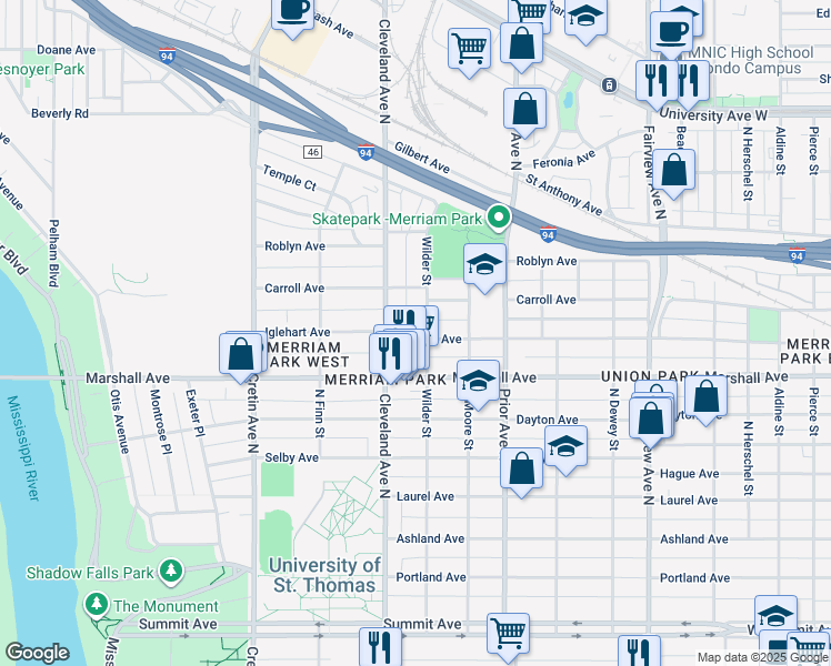 map of restaurants, bars, coffee shops, grocery stores, and more near 2024 Iglehart Avenue in Saint Paul