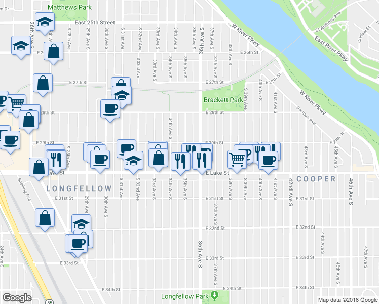 map of restaurants, bars, coffee shops, grocery stores, and more near 2940 35th Avenue South in Minneapolis