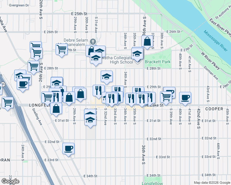 map of restaurants, bars, coffee shops, grocery stores, and more near 3216 East 29th Street in Minneapolis