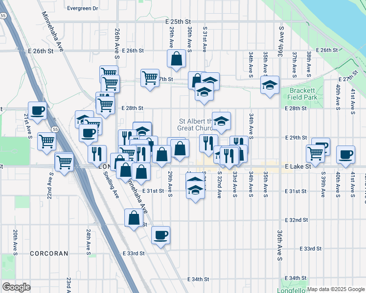 map of restaurants, bars, coffee shops, grocery stores, and more near 2933 29th Avenue South in Minneapolis