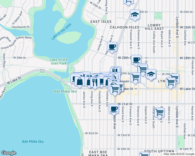 map of restaurants, bars, coffee shops, grocery stores, and more near 1511 Lagoon Avenue in Minneapolis