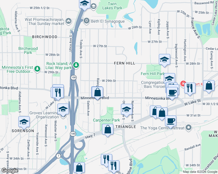map of restaurants, bars, coffee shops, grocery stores, and more near 2940 Princeton in Minneapolis