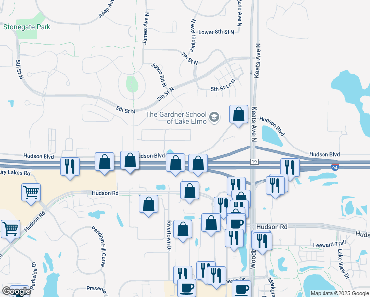 map of restaurants, bars, coffee shops, grocery stores, and more near 9730 Hudson Boulevard North in Lake Elmo