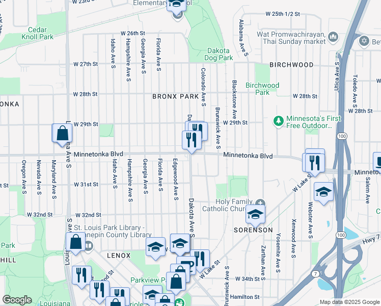 map of restaurants, bars, coffee shops, grocery stores, and more near Minnetonka Blvd & Dakota Ave S in St Louis Park