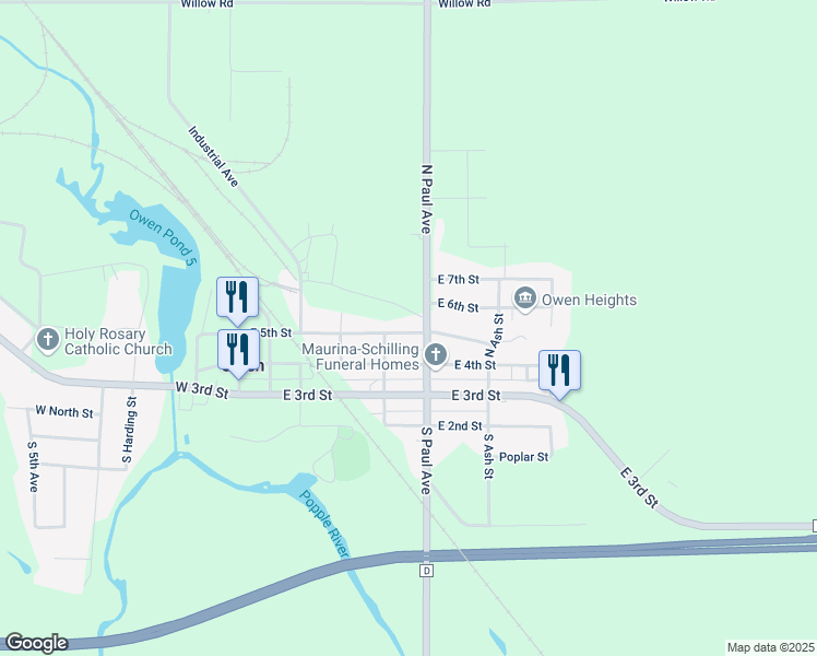 map of restaurants, bars, coffee shops, grocery stores, and more near 518 East 4th Street in Owen