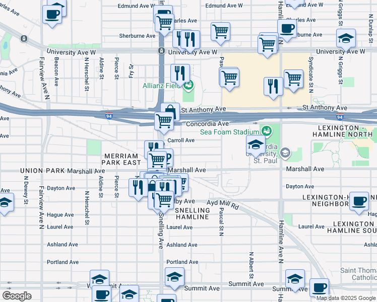 map of restaurants, bars, coffee shops, grocery stores, and more near 1536 Iglehart Avenue in Saint Paul