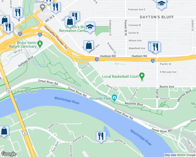 map of restaurants, bars, coffee shops, grocery stores, and more near 666 East Short Street in Saint Paul