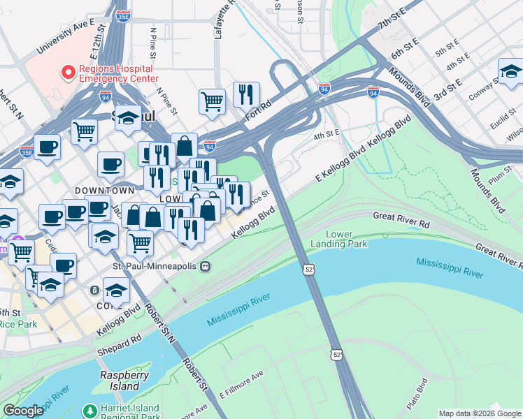 map of restaurants, bars, coffee shops, grocery stores, and more near 335 Kellogg Boulevard in Saint Paul