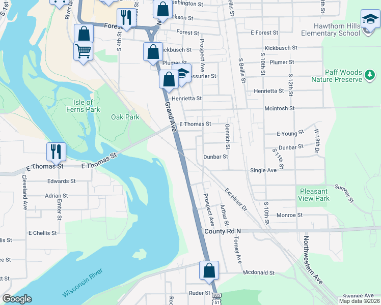 map of restaurants, bars, coffee shops, grocery stores, and more near 906 Prospect Avenue in Wausau