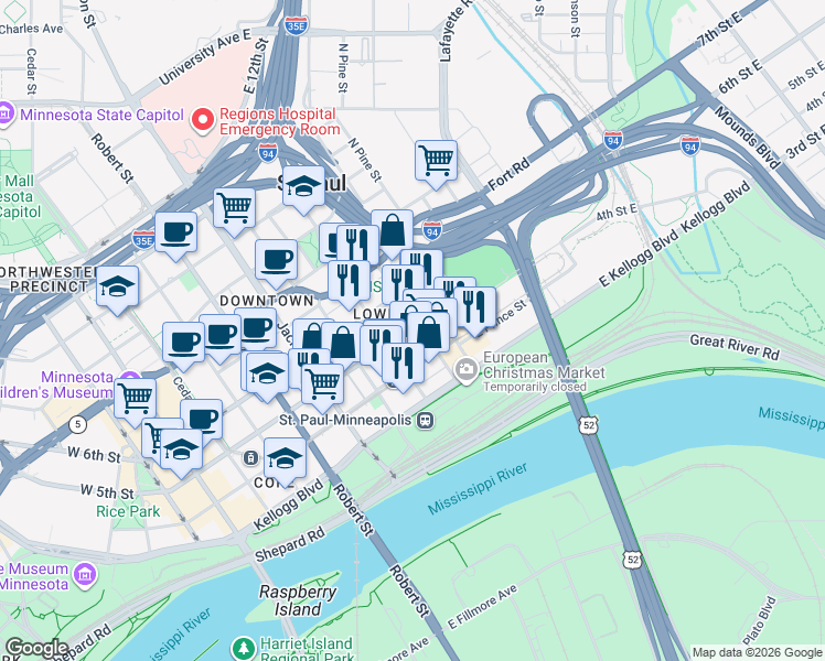 map of restaurants, bars, coffee shops, grocery stores, and more near 244 4th Street East in Saint Paul
