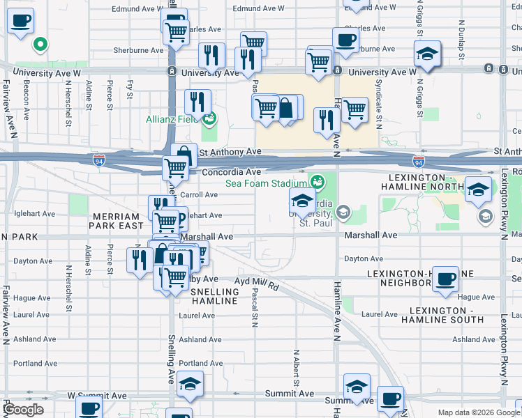 map of restaurants, bars, coffee shops, grocery stores, and more near 1462 Iglehart Avenue in Saint Paul