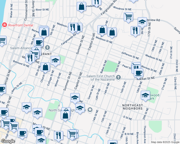map of restaurants, bars, coffee shops, grocery stores, and more near 1120 Colonial Avenue Northeast in Salem