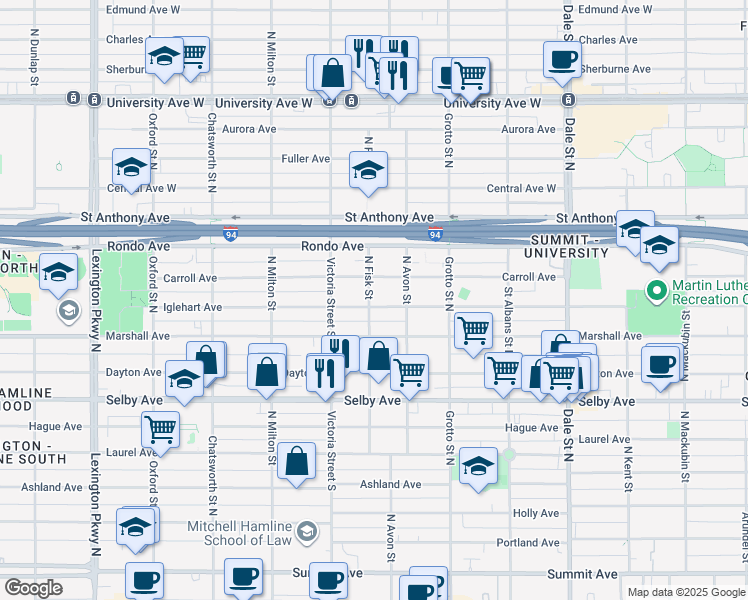 map of restaurants, bars, coffee shops, grocery stores, and more near 261 North Fisk Street in Saint Paul