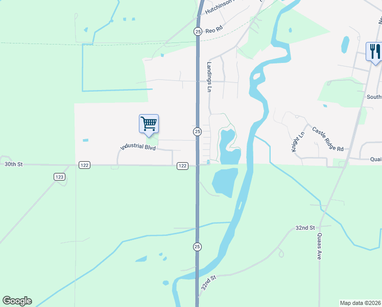 map of restaurants, bars, coffee shops, grocery stores, and more near 13235 County Road 122 in Watertown