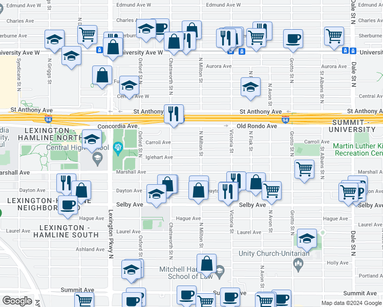 map of restaurants, bars, coffee shops, grocery stores, and more near 937 Iglehart Avenue in Saint Paul