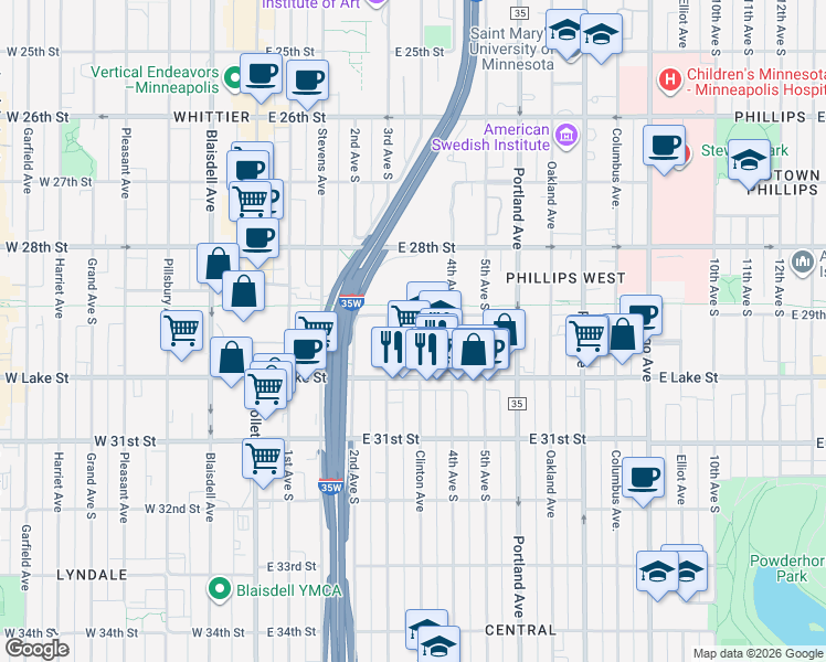 map of restaurants, bars, coffee shops, grocery stores, and more near 2928 Clinton Avenue in Minneapolis