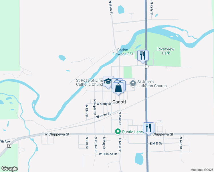 map of restaurants, bars, coffee shops, grocery stores, and more near 341 North Maple Street in Cadott