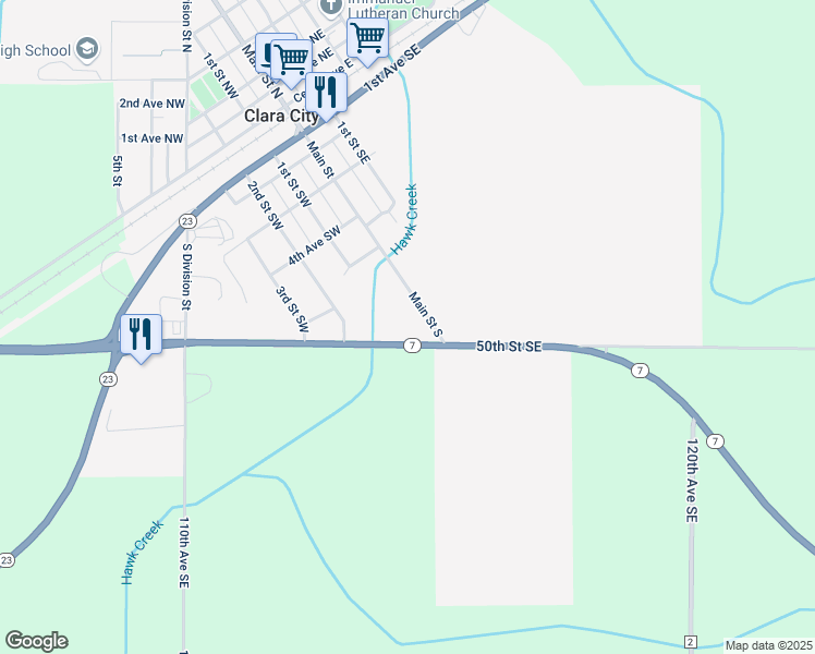 map of restaurants, bars, coffee shops, grocery stores, and more near 11080-11410 50th Street Southeast in Clara City