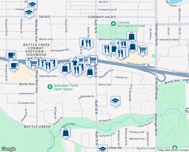 map of restaurants, bars, coffee shops, grocery stores, and more near 261 Ruth Street North in Saint Paul