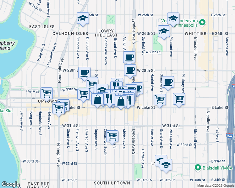 map of restaurants, bars, coffee shops, grocery stores, and more near 2932 Bryant Avenue South in Minneapolis