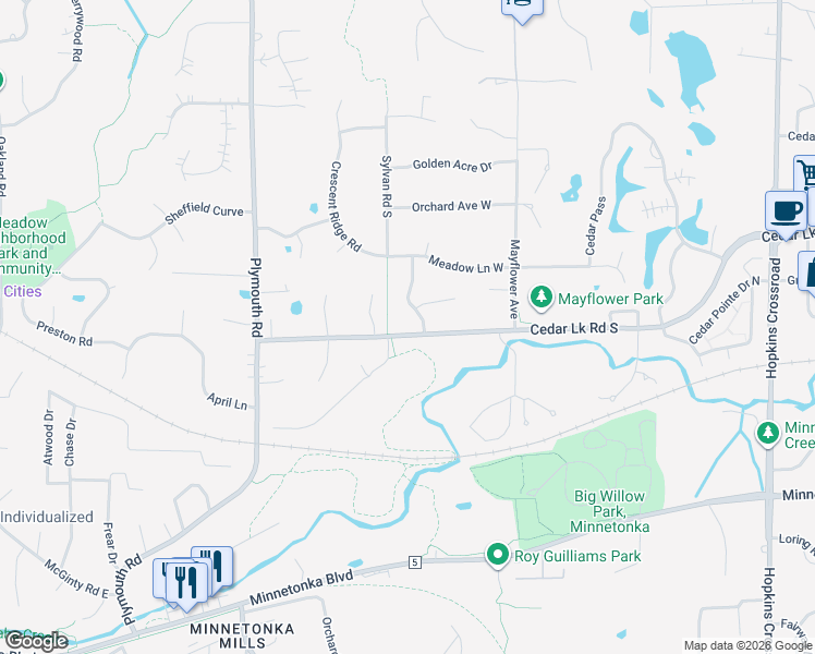 map of restaurants, bars, coffee shops, grocery stores, and more near 2850 Westridge Road in Hopkins