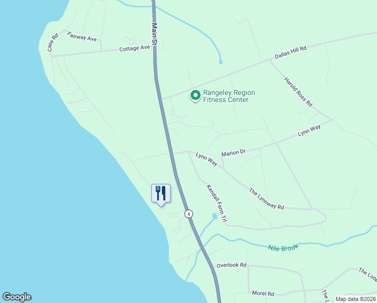 map of restaurants, bars, coffee shops, grocery stores, and more near 44 Lynn Way in Rangeley