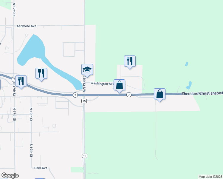 map of restaurants, bars, coffee shops, grocery stores, and more near 2709 East Highway 7 in Montevideo
