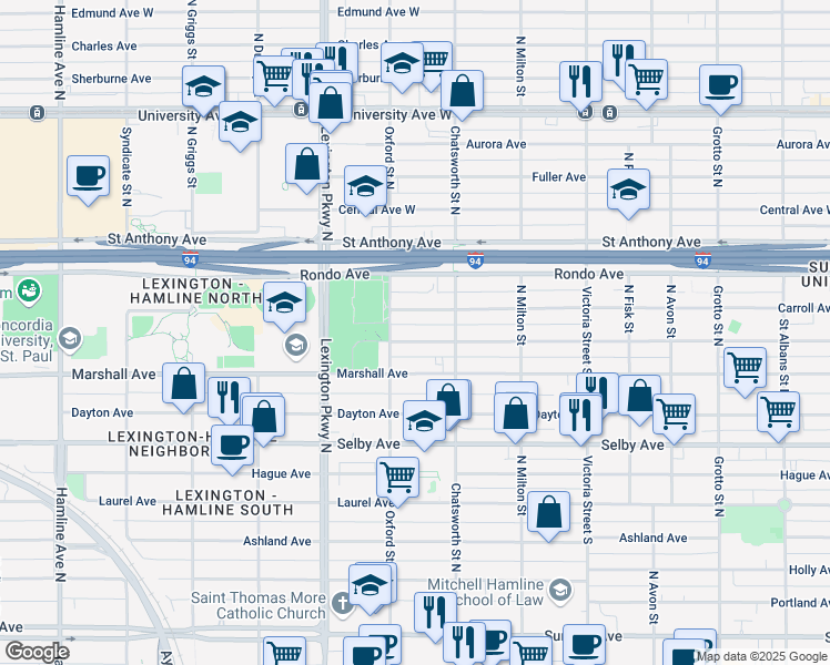 map of restaurants, bars, coffee shops, grocery stores, and more near 1003 Marshall Avenue in Saint Paul