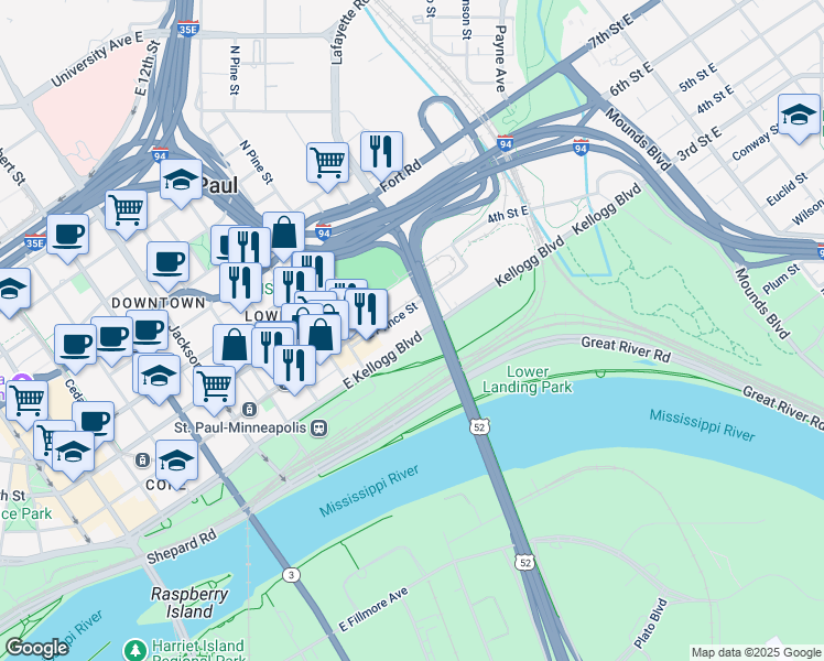 map of restaurants, bars, coffee shops, grocery stores, and more near 390 East Kellogg Boulevard in Saint Paul