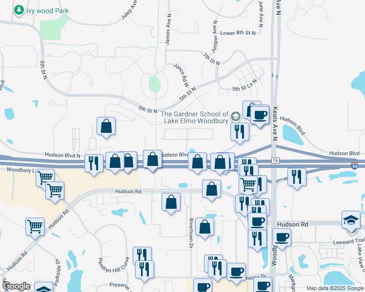 map of restaurants, bars, coffee shops, grocery stores, and more near 9600 Hudson Boulevard North in Lake Elmo