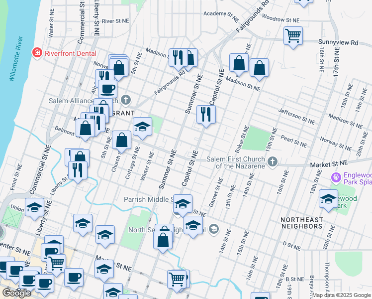 map of restaurants, bars, coffee shops, grocery stores, and more near 980 Market Street Northeast in Salem