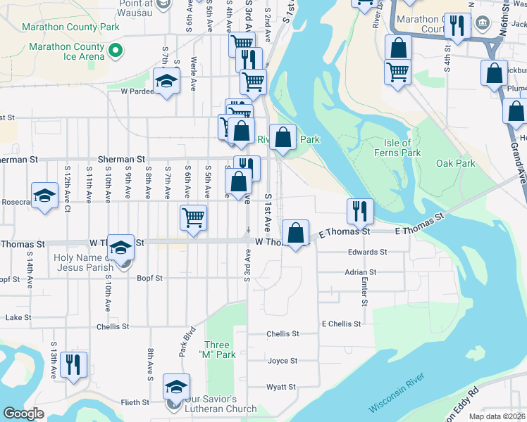 map of restaurants, bars, coffee shops, grocery stores, and more near 1028 South 1st Avenue in Wausau