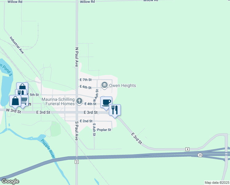 map of restaurants, bars, coffee shops, grocery stores, and more near 812 East 4th Street in Owen
