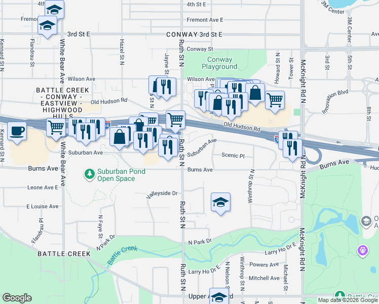 map of restaurants, bars, coffee shops, grocery stores, and more near 261 Ruth Street North in Saint Paul